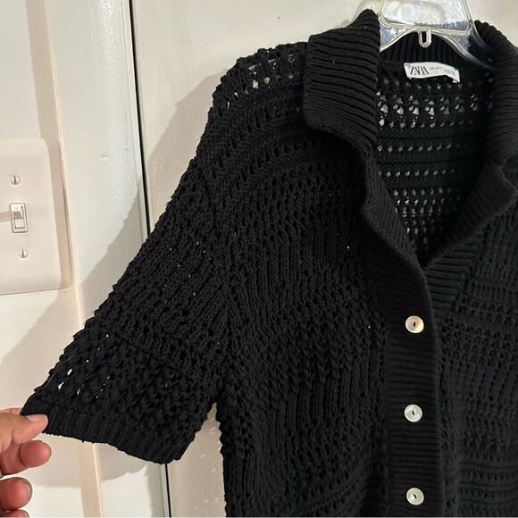 Zara Black Open Knit Polo Cardigan Sweater Short Sleeve Button Down V Neck S/M - Picture 5 of 11